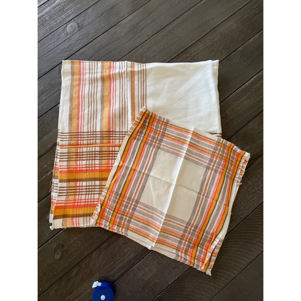 Vintage Retro Plaid Square Tablecloth and Napkin Set Orange Yellow Brown 70s MCM